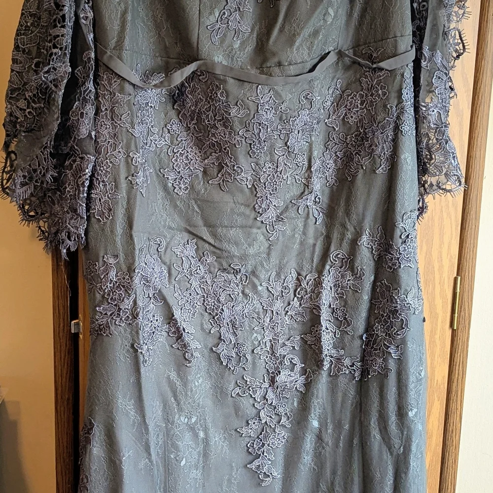 MissAcco Charcoal Lace Mermaid Gown with Sheer Bell Sleeves - Picture 2 of 5